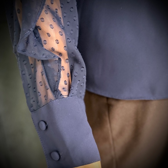 Express Navy Blouse with Sheer Polka Dot Sleeves - Picture 6 of 11